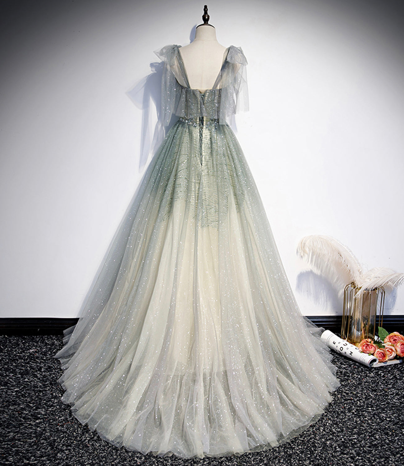 Grünes Tüll Pailletten langes Ballkleid Abendkleid 10474