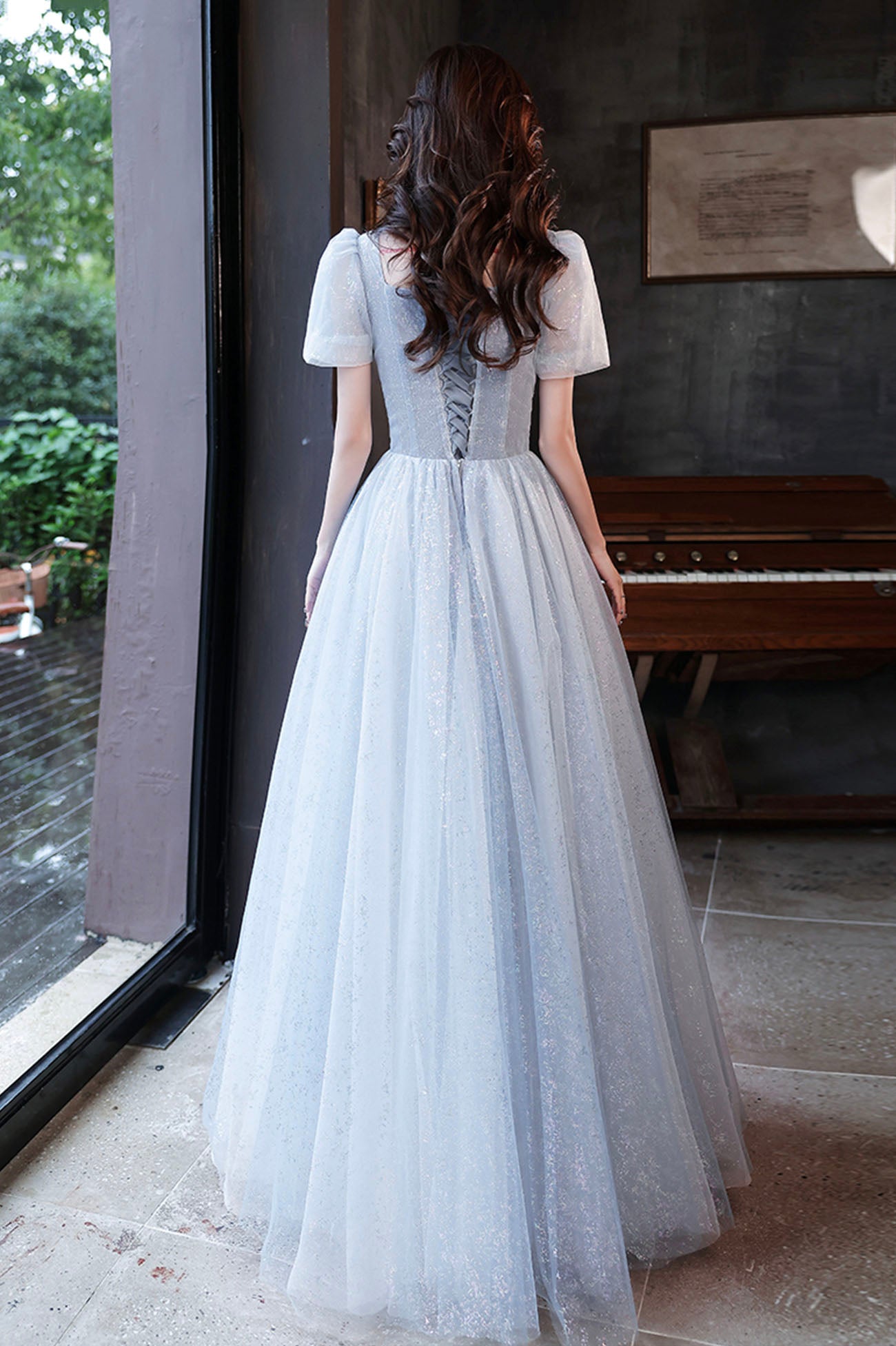 Cute tulle beads long prom dress blue evening dress 10596