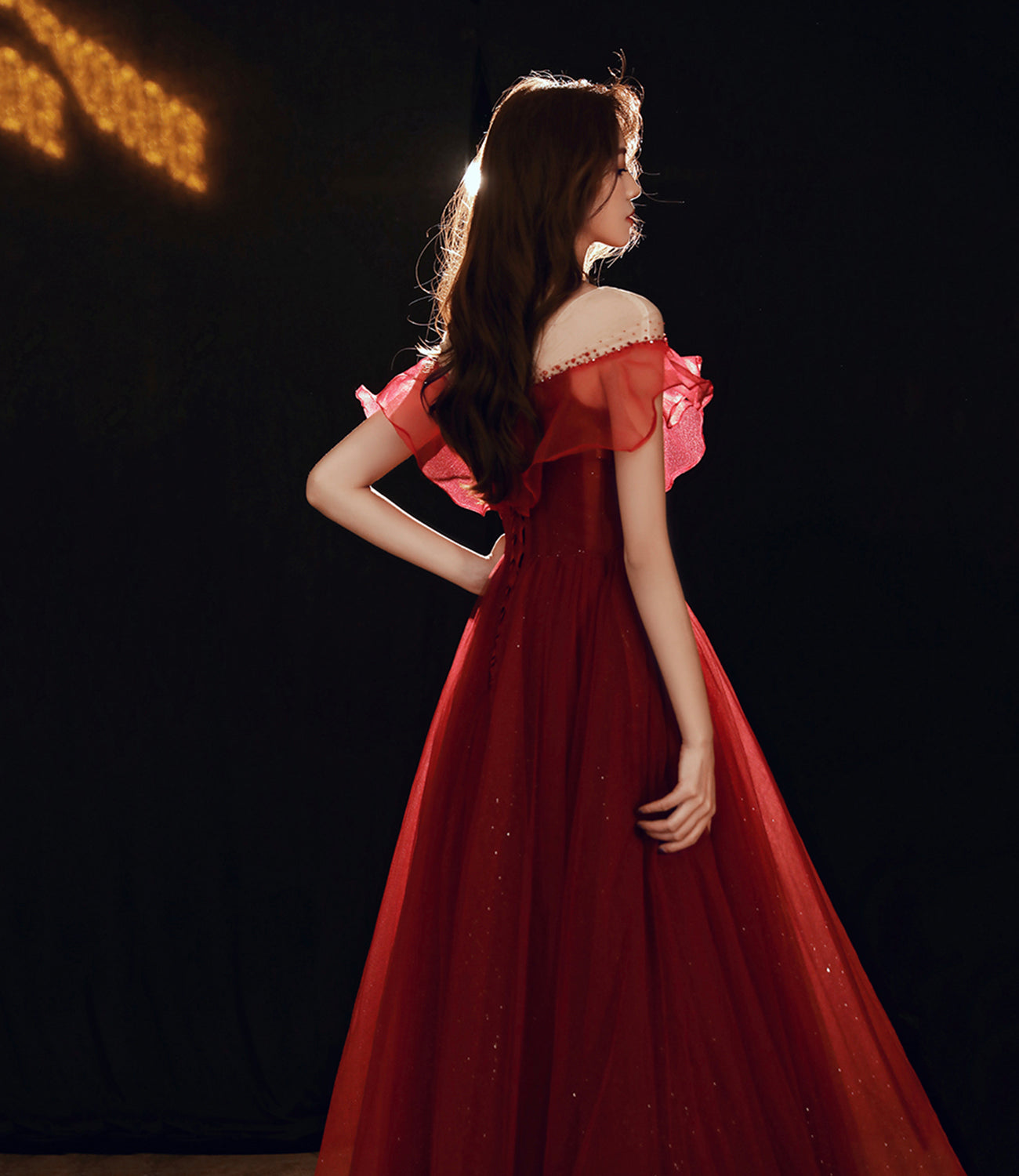 Burgund Tüll Perlen langes Ballkleid A-Linie Abendkleid 10481