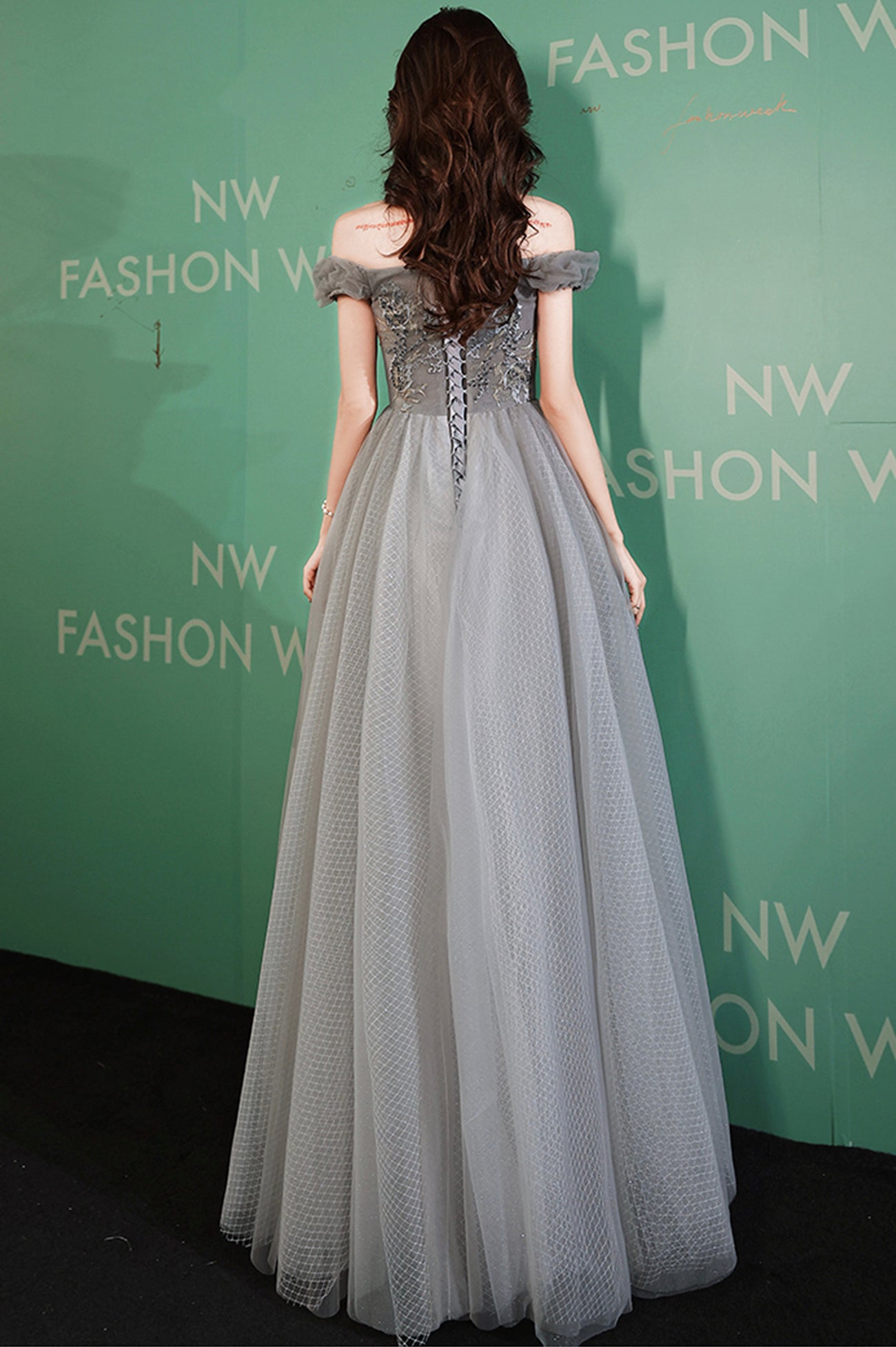 Gray tulle beads long prom dress gray evening dress 10521