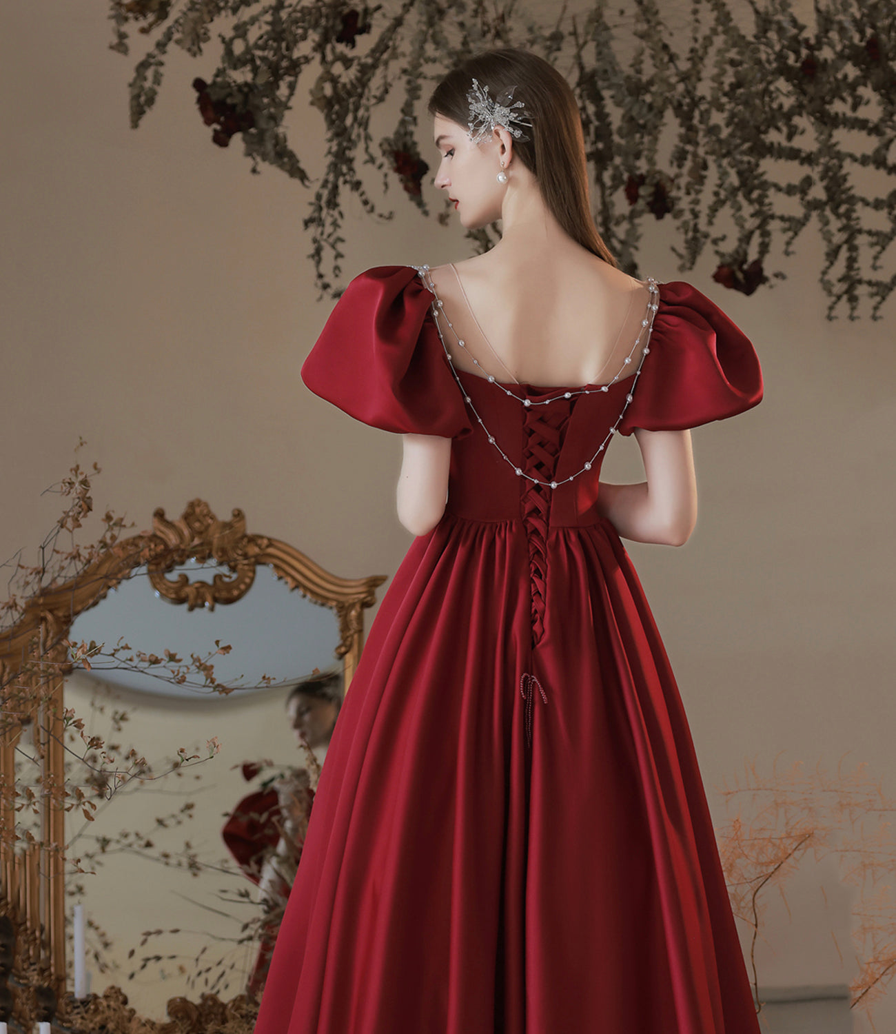 Burgundy satin long prom dress evening dress 10473