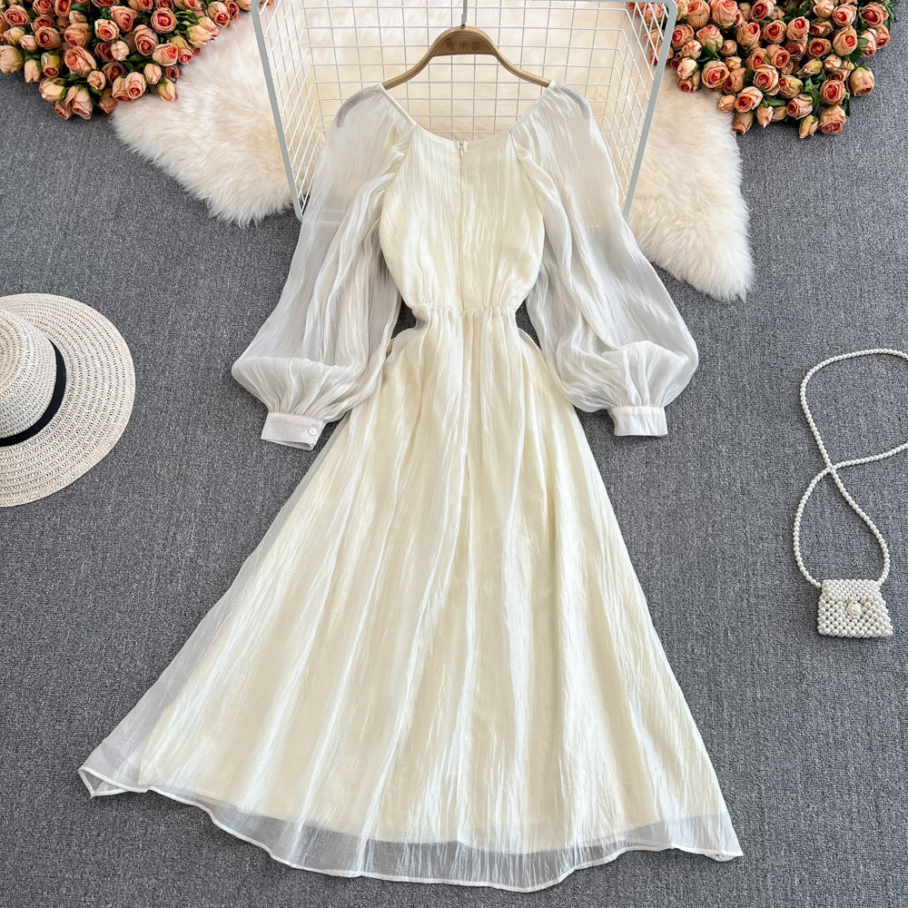 Champagner V-Ausschnitt Langarm Kleid A-Linie Fashion Dress 10683