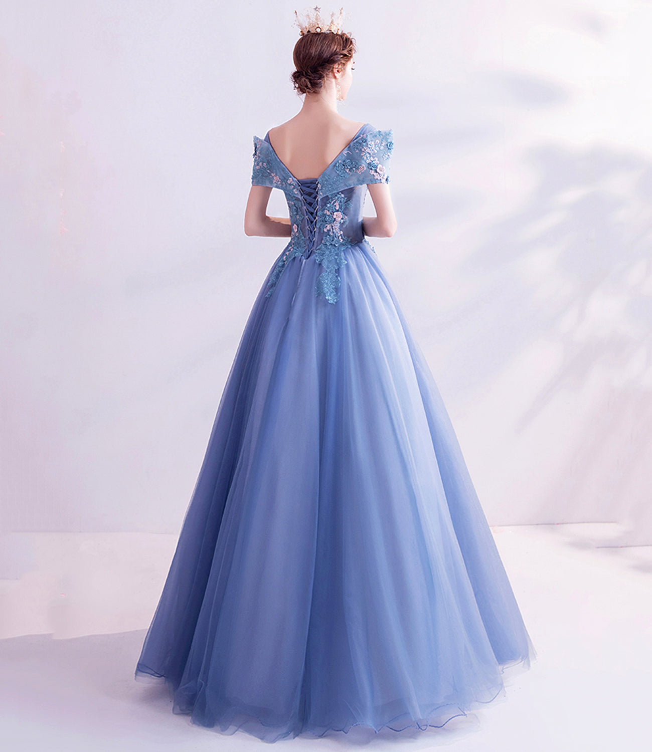 Blue tulle lace long prom dress A line formal dresses 10455