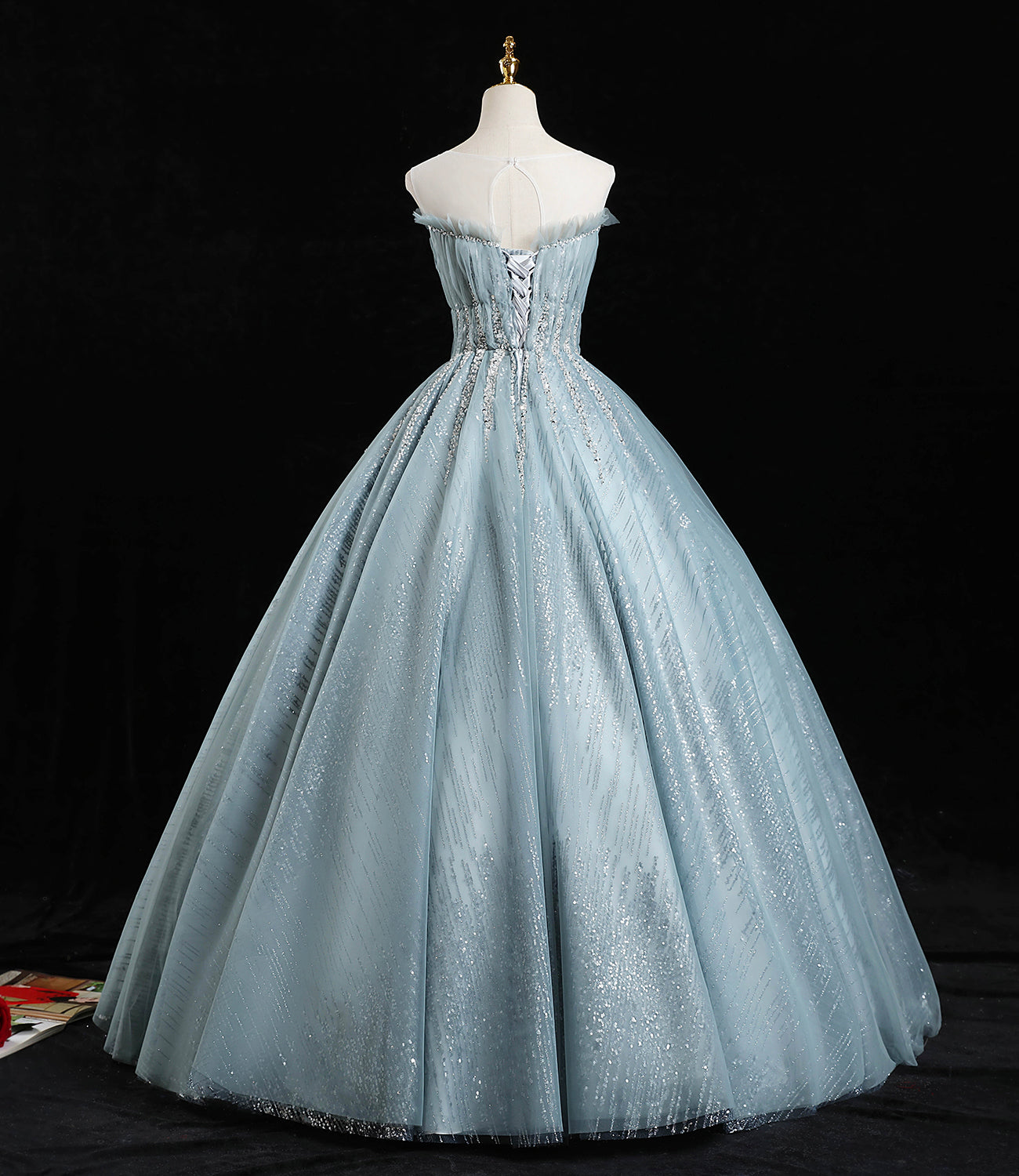 Blue tulle sequins long prom dress A line formal dress 10456