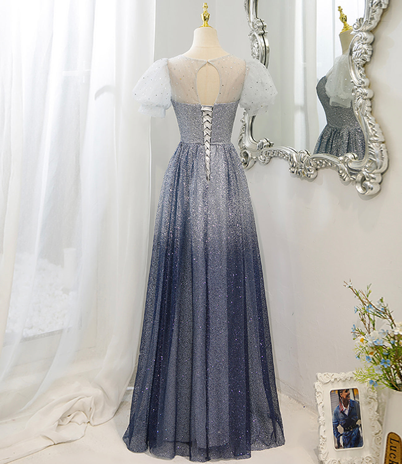 Gray tulle beads long prom dress A line evening dress 10483