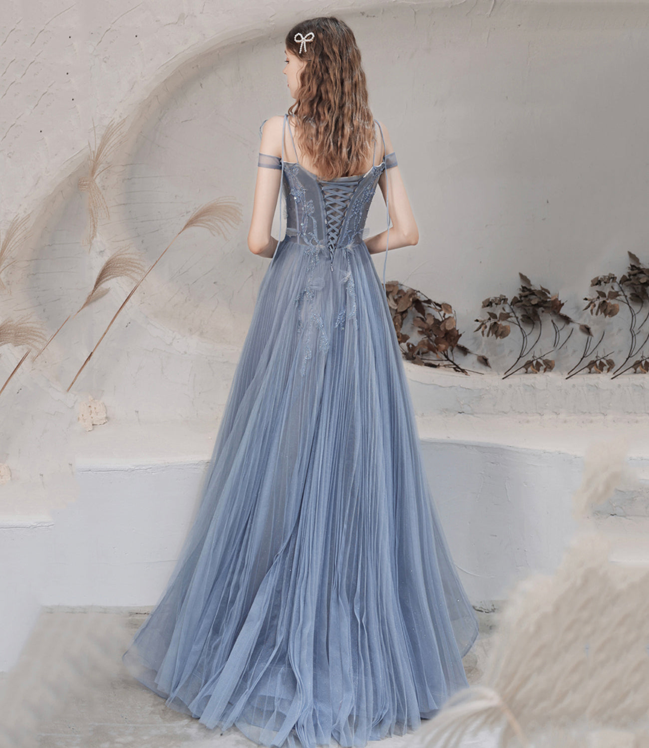 Blue tulle sequins long prom dress blue evening dress 10478