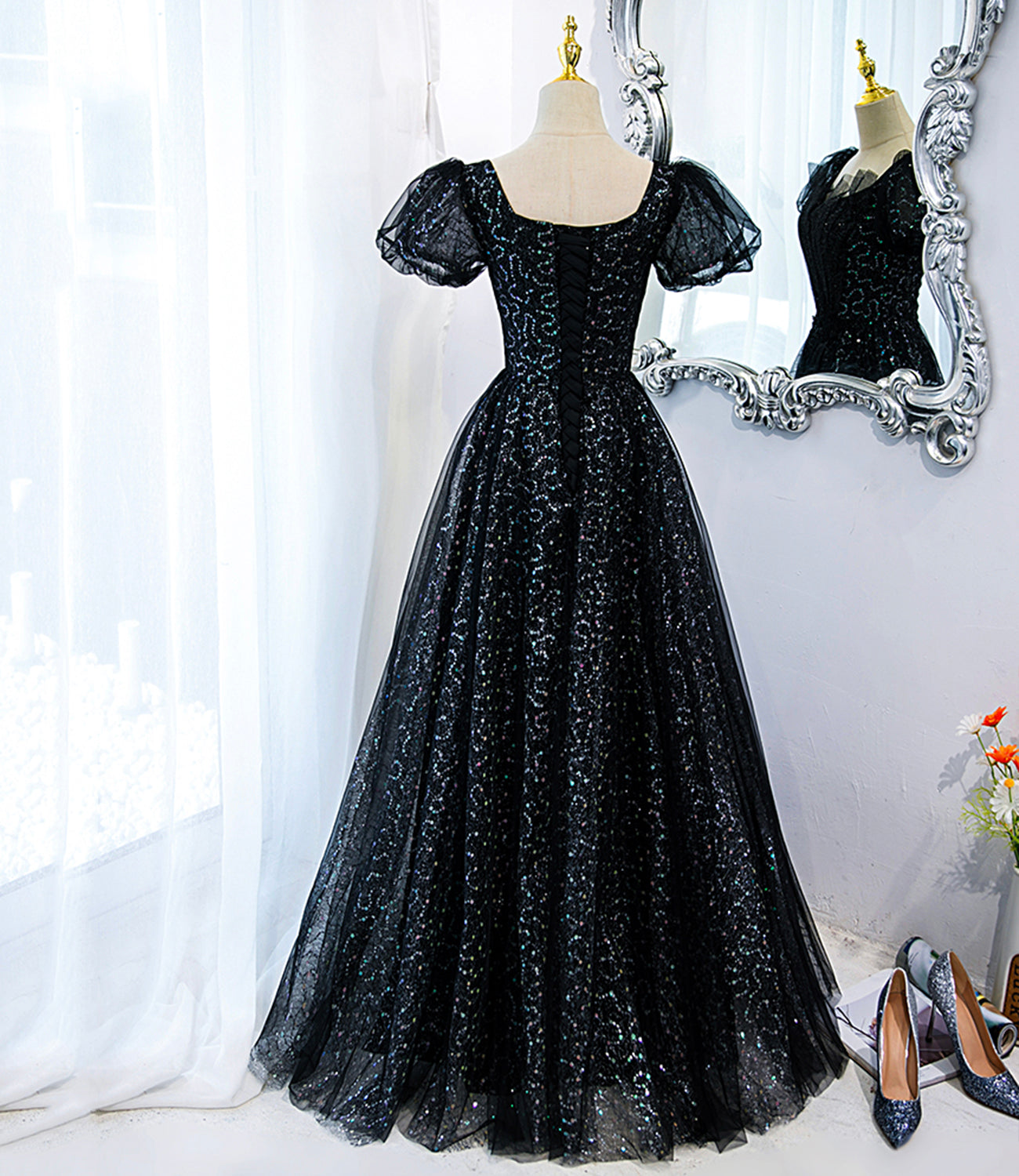 Black tulle sequins long prom dress black evening dress 10467