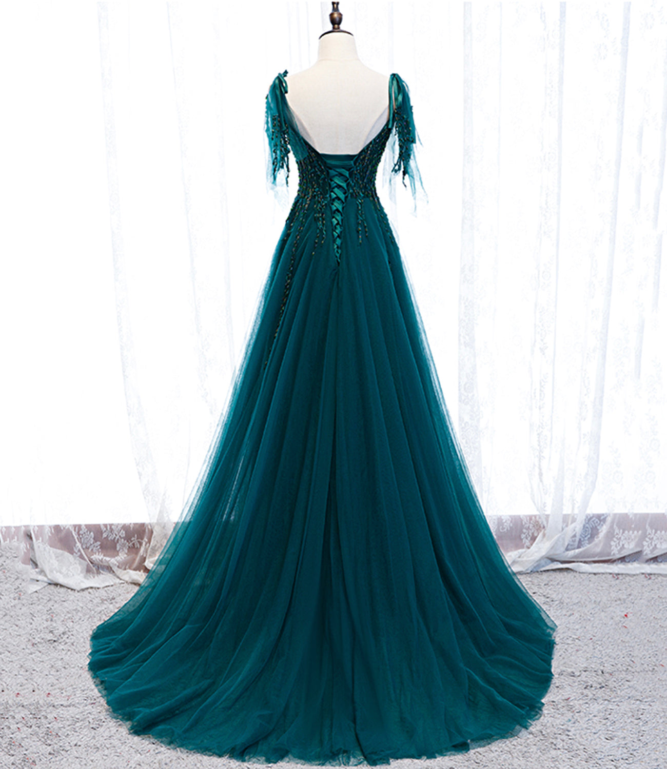 Green gorgeous exquisite beaded lace A-line long tulle ball gown evening dress 10357