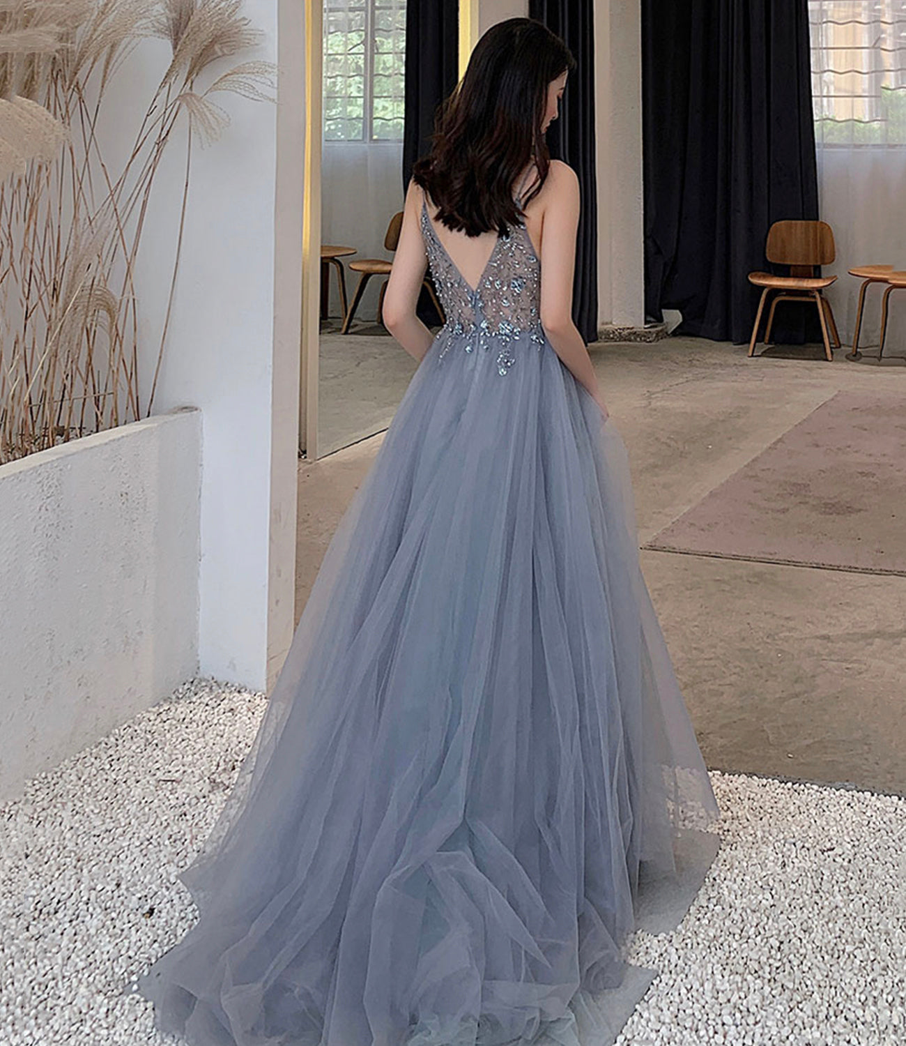 Blue tulle beads long prom dress blue evening dress 10453