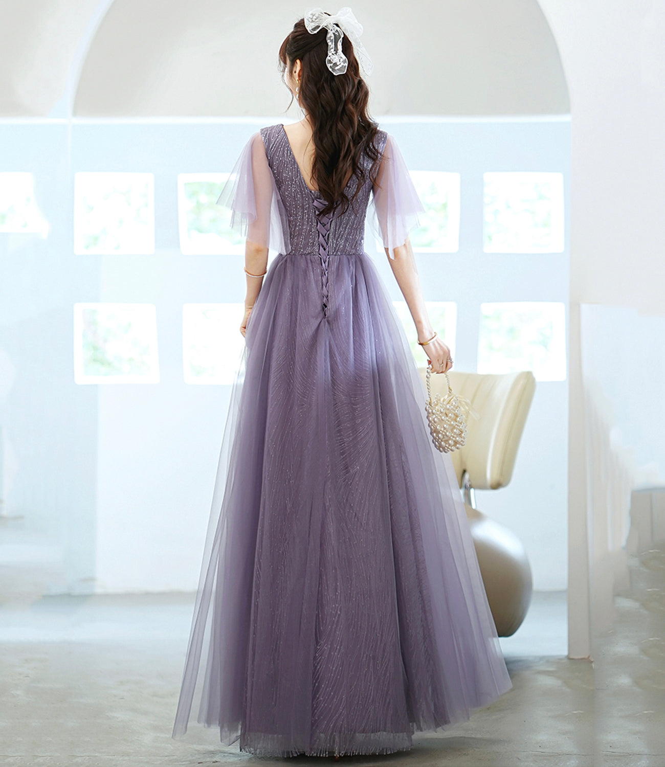 Purple tulle sequins long prom dress A line evening dress 10462