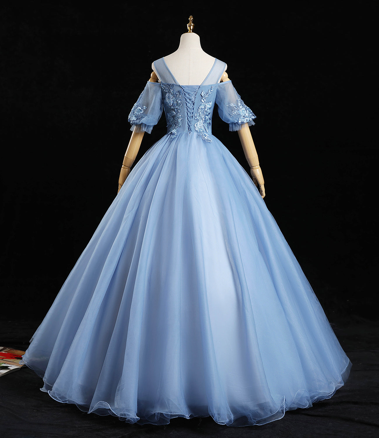 Blue tulle lace long prom dress A line evening dress 10457