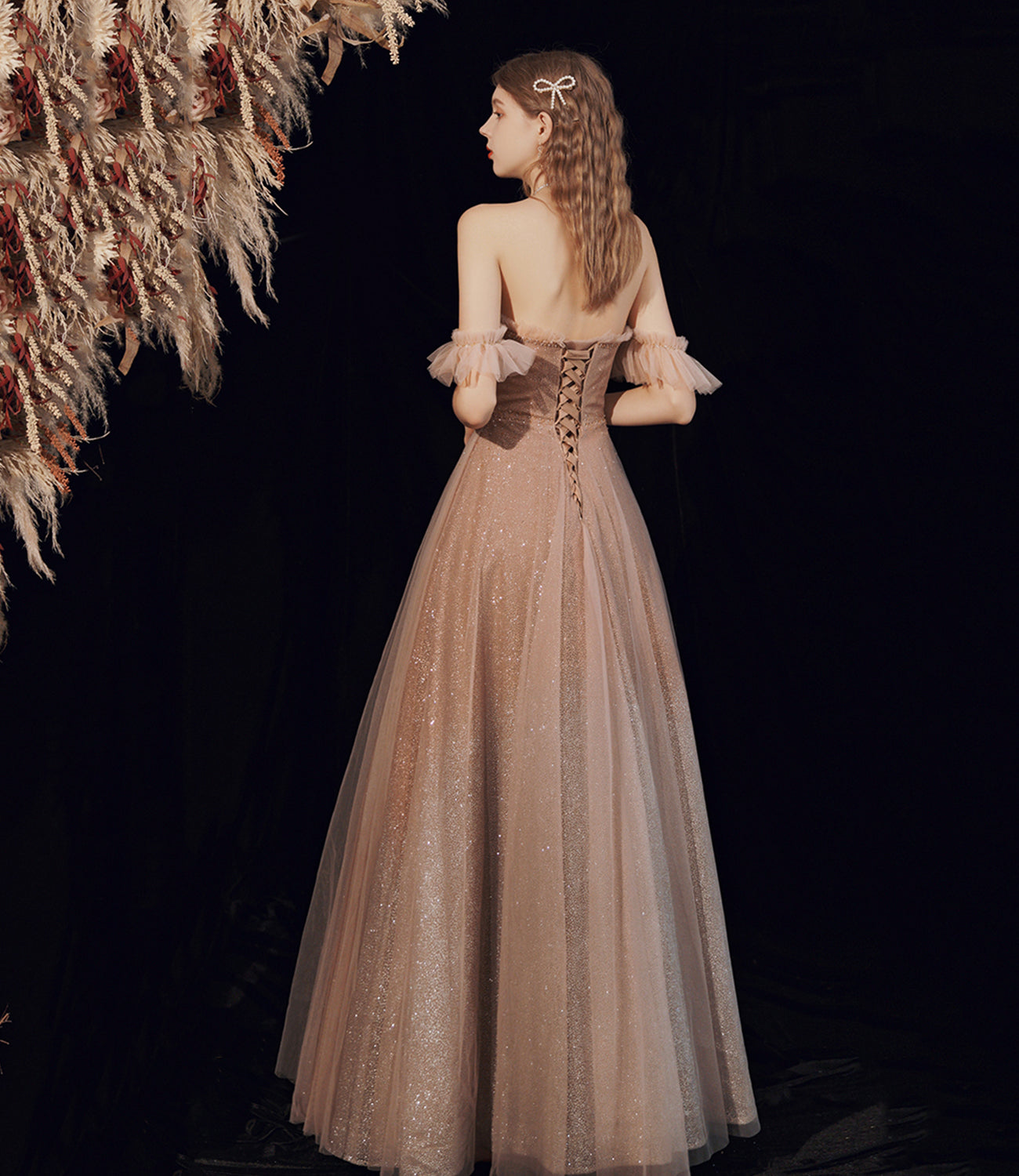 Robe de soirée longue en tulle brillant à paillettes Robe de soirée trapèze 10378