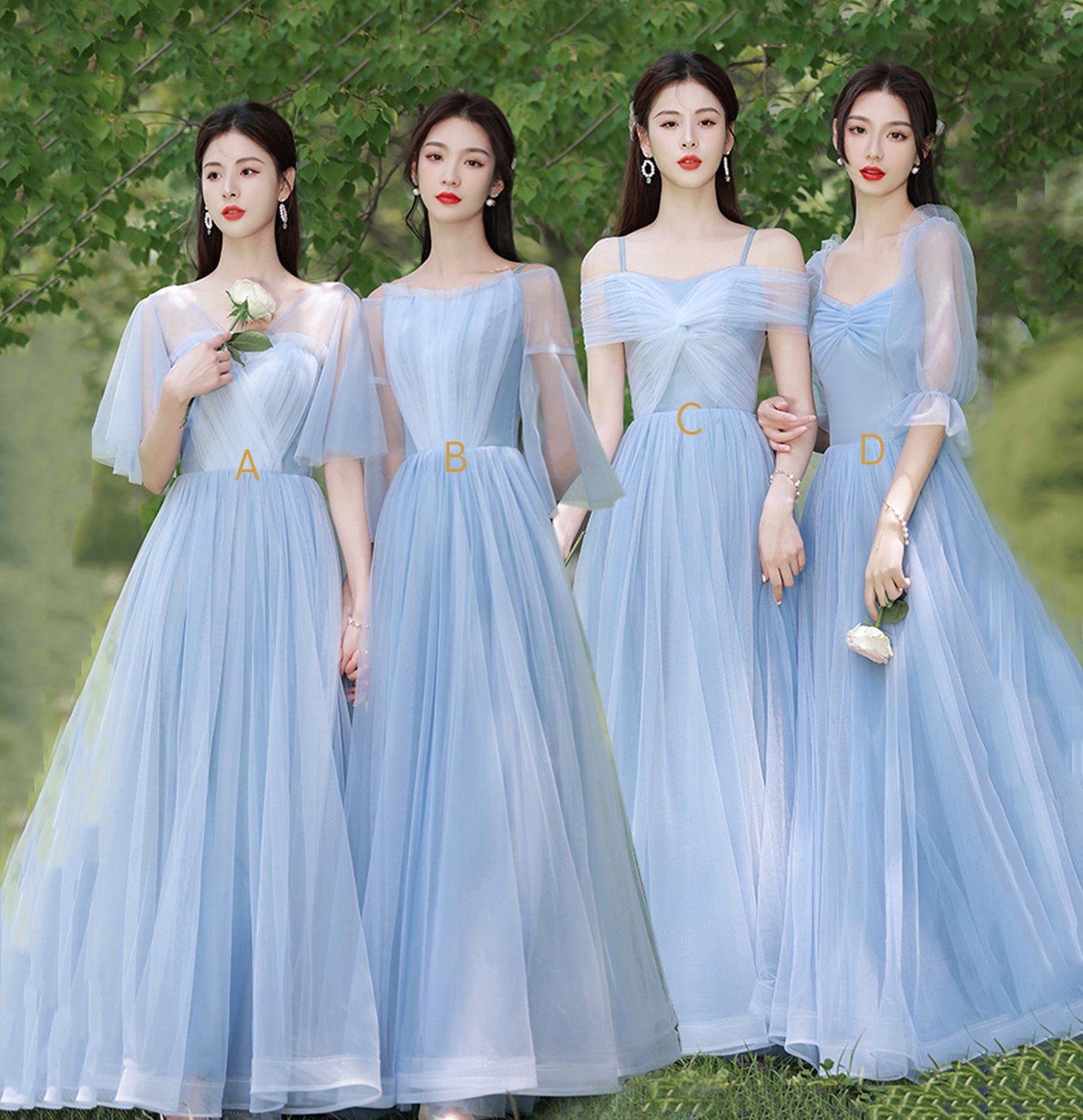 Blue tulle long A line prom dress bridesmaid dress 10047