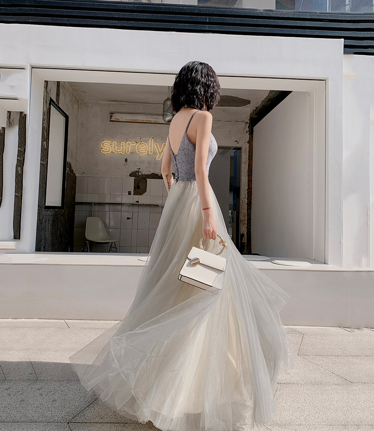 Gray tulle beads long prom dress A line evening dress 10514