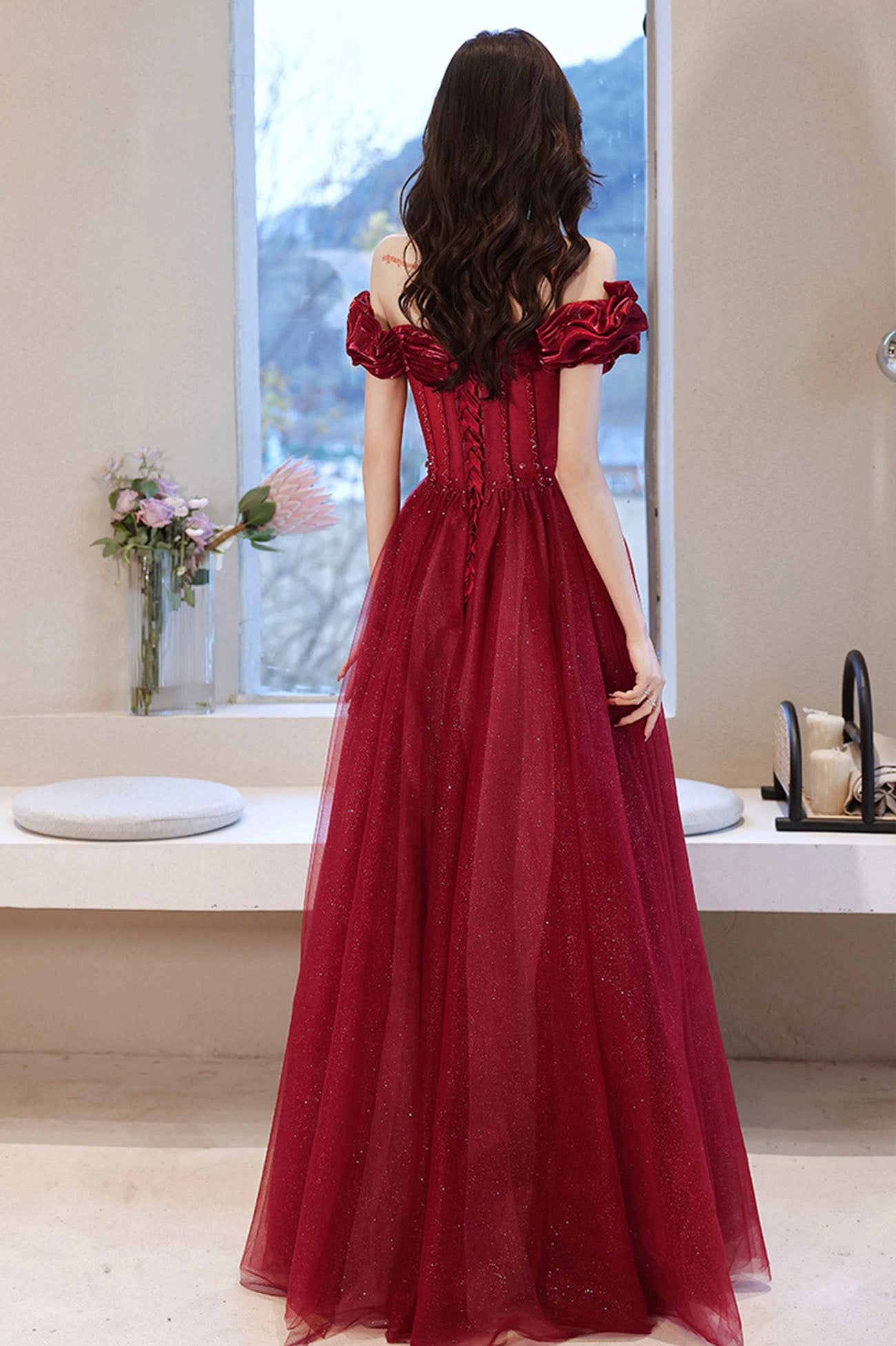 Burgundy tulle beads long prom dress evening dress 10584