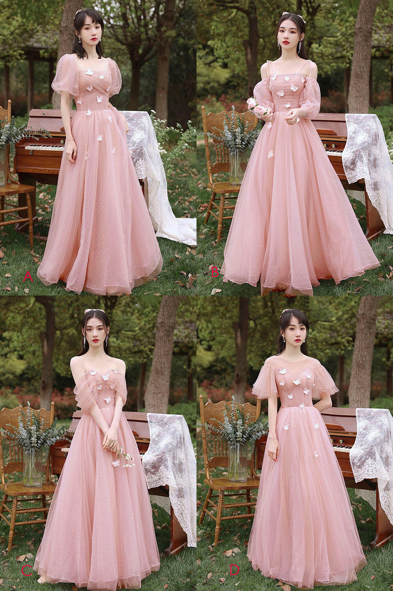Pink tulle long prom dress A line evening dress 10587