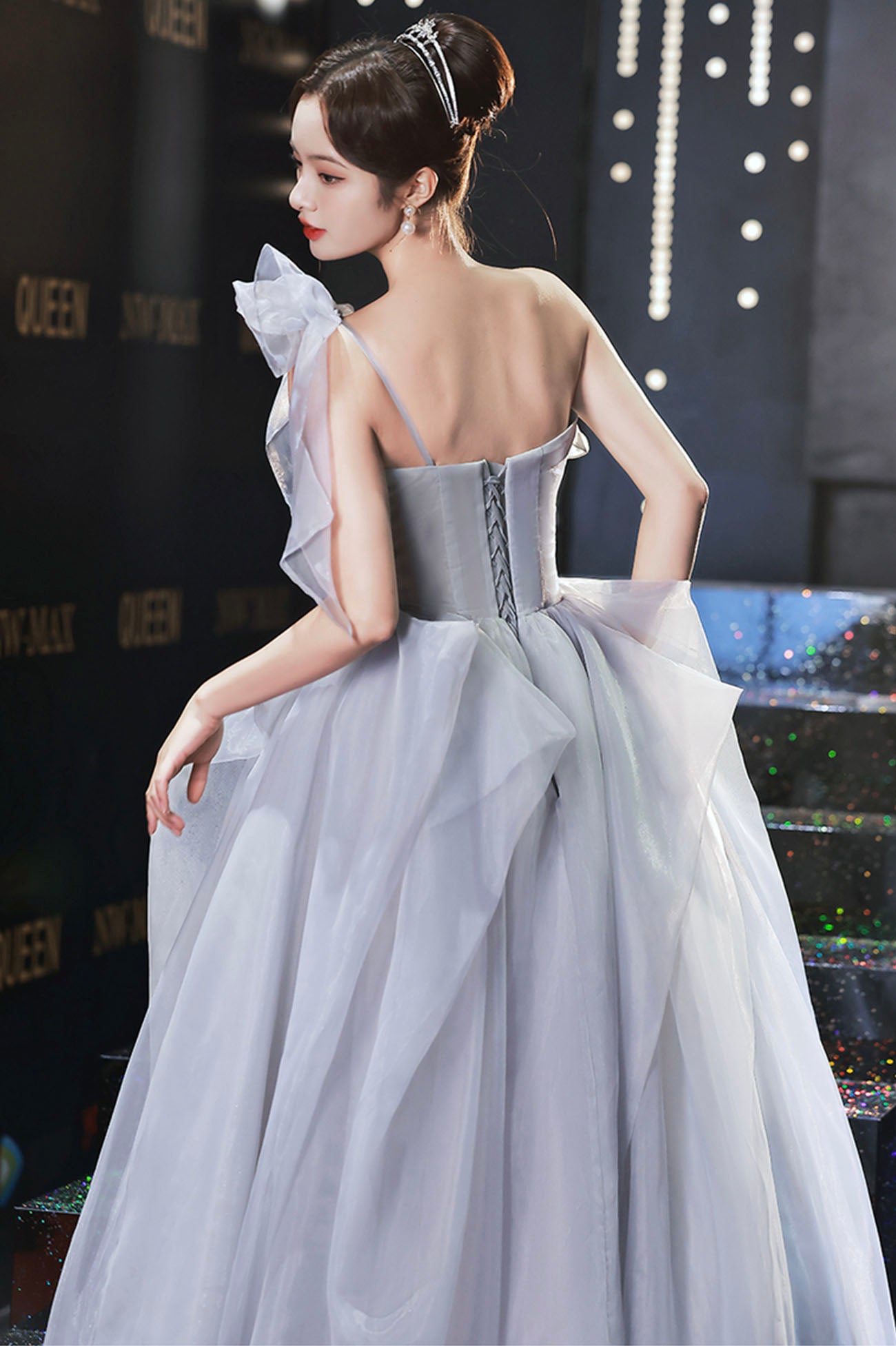 Gray tulle long A line prom dress gray evening dress 10625