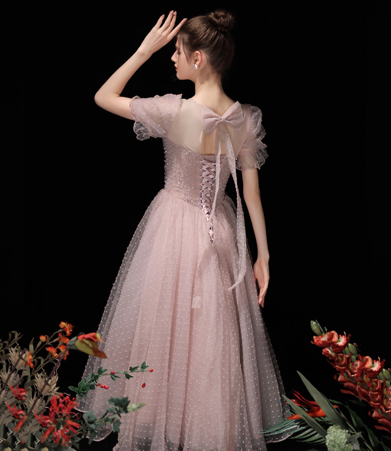 Pink tulle beads short prom dress A line homecoming dress 10518