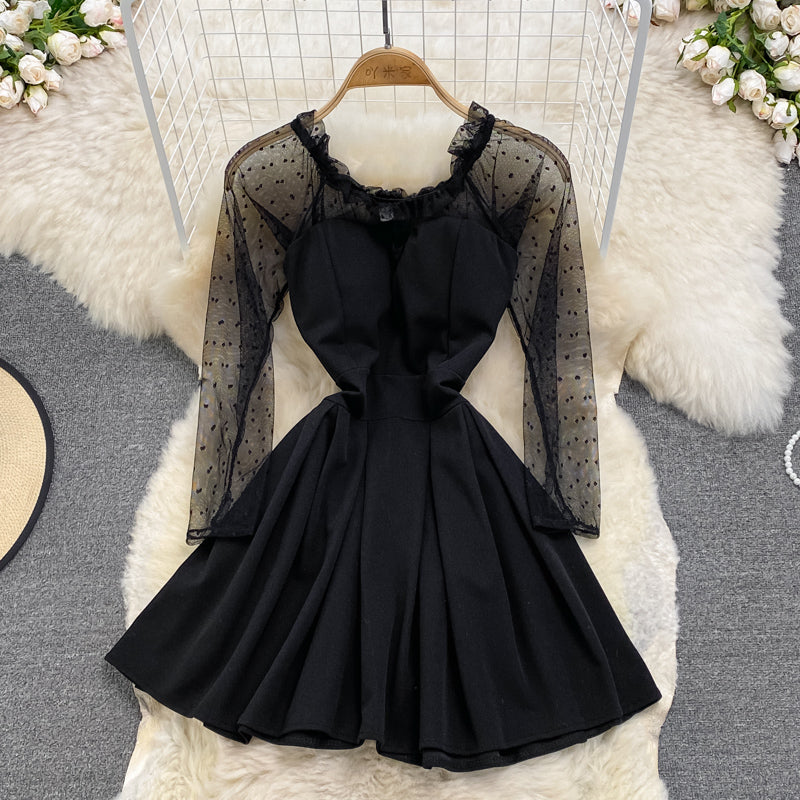 Black A Line Long Sleeve Short Dress Fashion Dress 10915