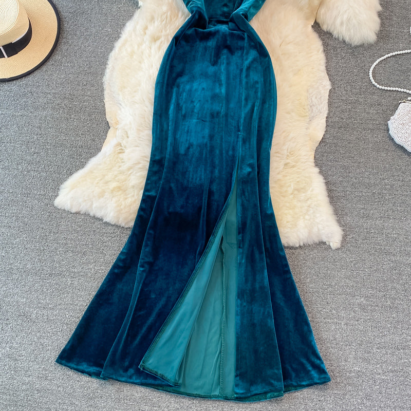 Sexy V-Ausschnitt Samt Langes Kleid Modekleid 10782