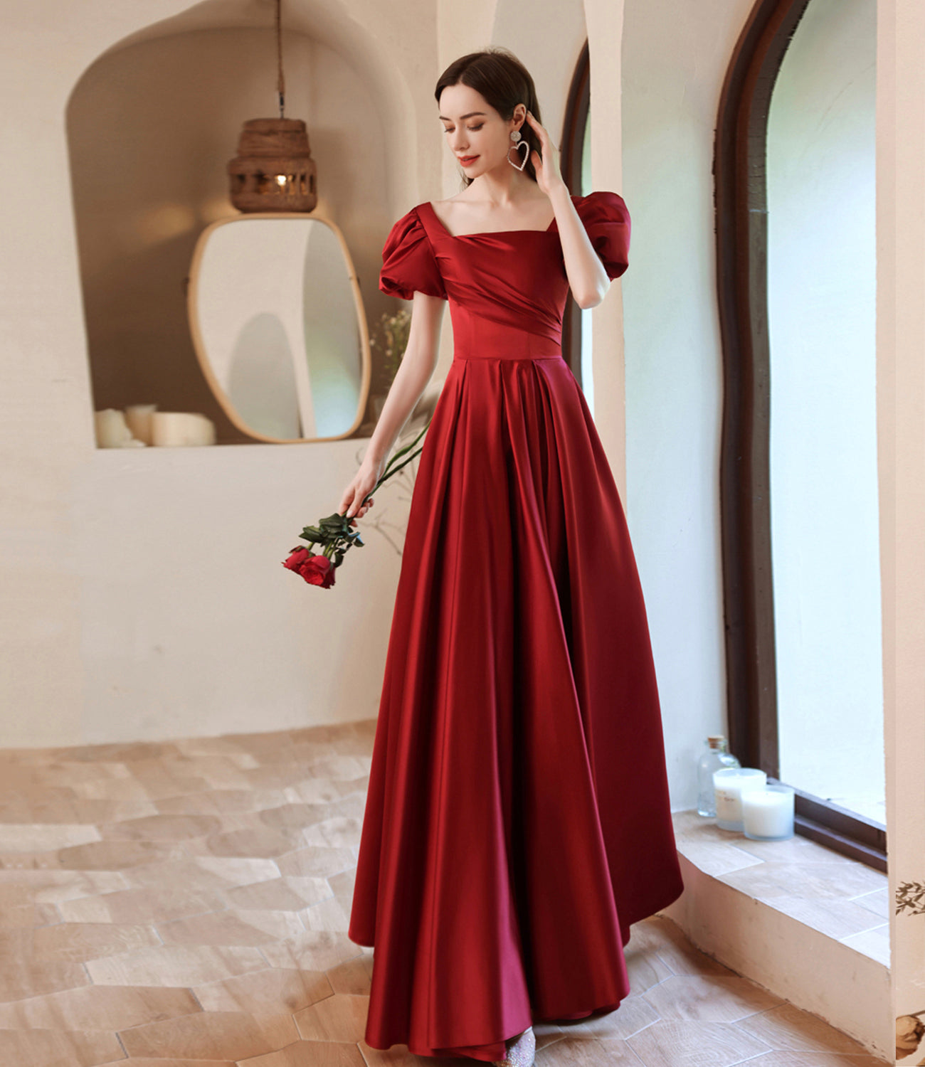 Red satin long A line prom dress red evening dress 10529