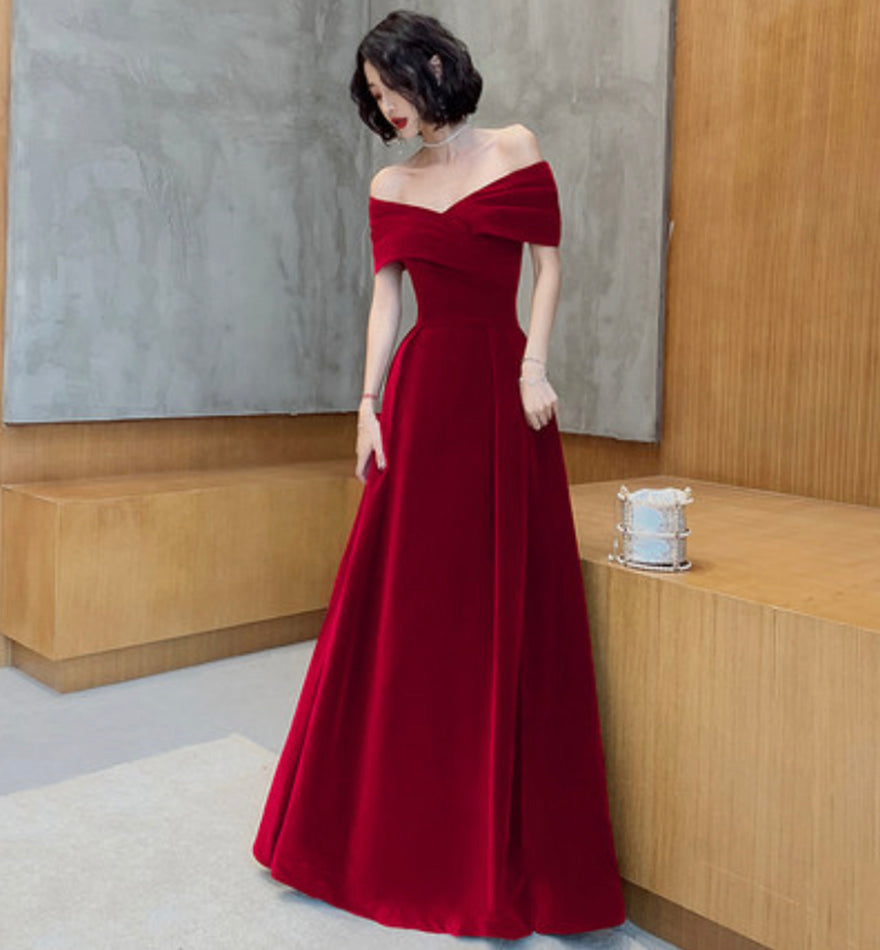 Burgundy Elegant Fashion Strapless Long Velvet Ball Gown Evening Dress 8482