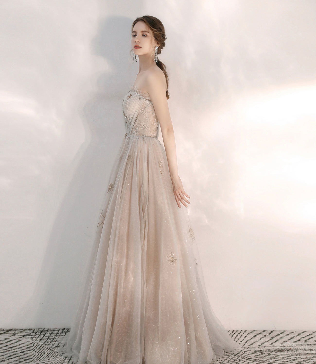 Champagne tulle sequins long prom dress A line evening dress 10472