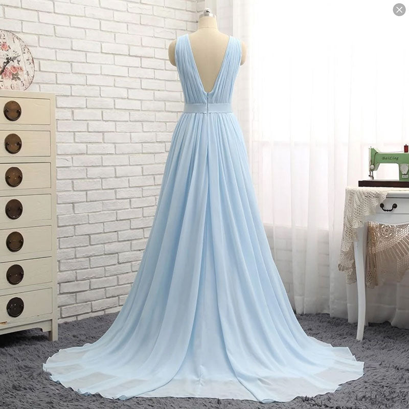 Light blue v neck chiffon long prom dress, evening dress 8129