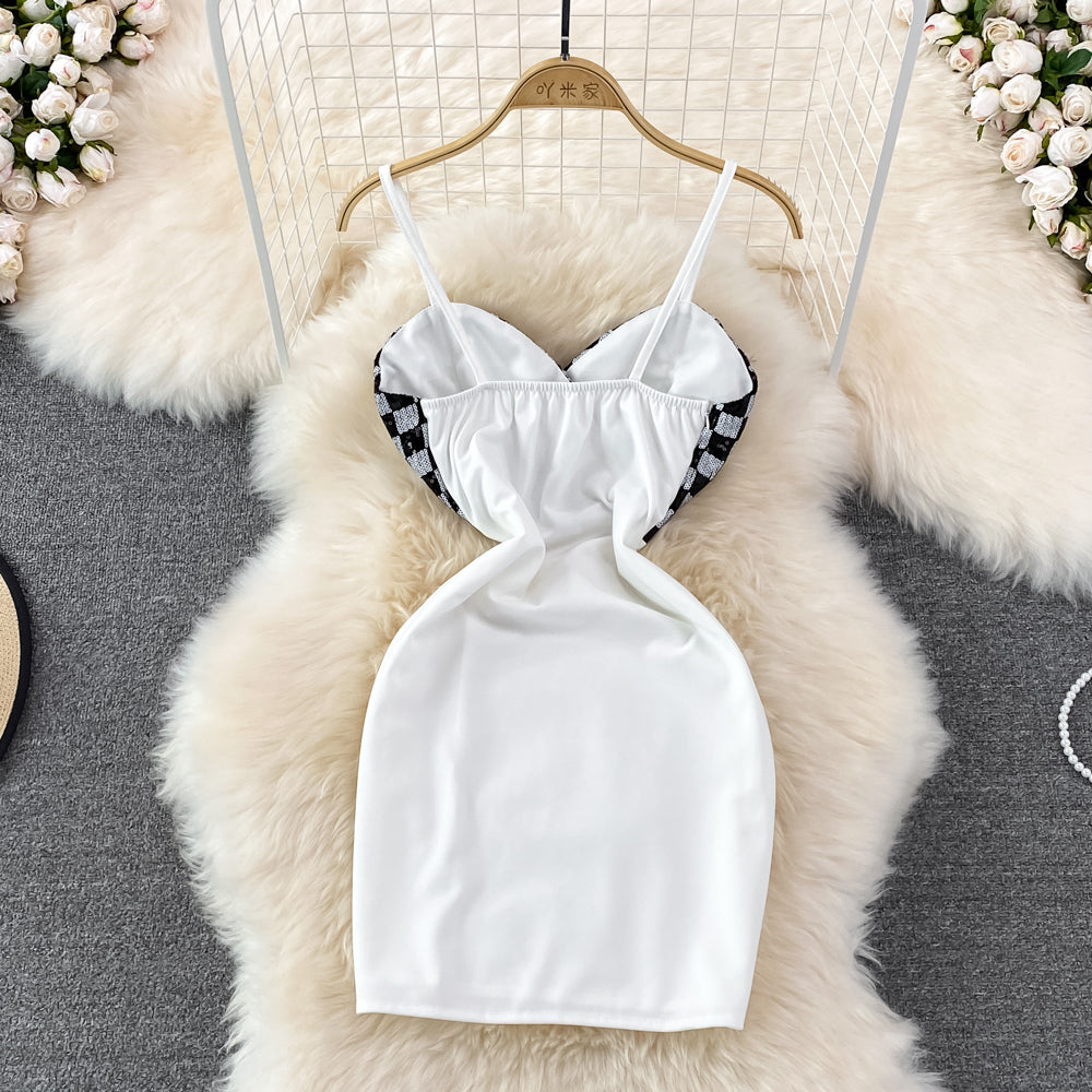 Checkerboard contrast color split buttock dress 11123