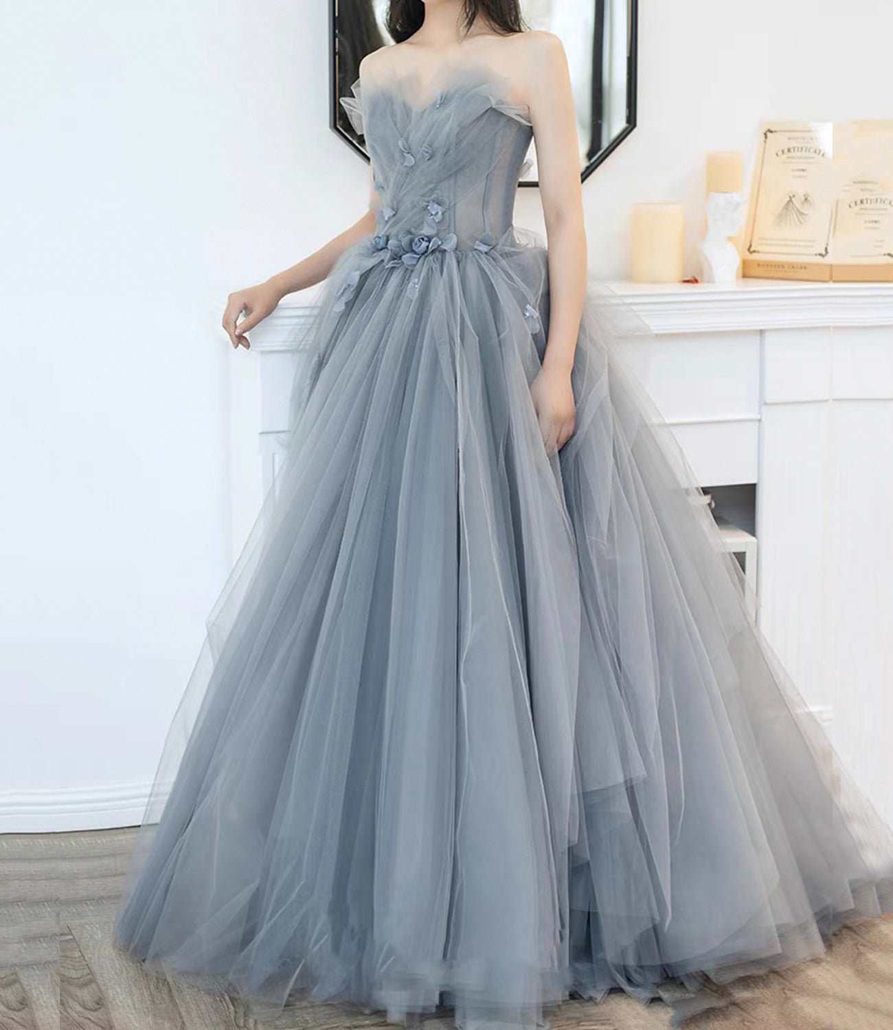 Gray tulle applique long prom dress A line evening gown 10485