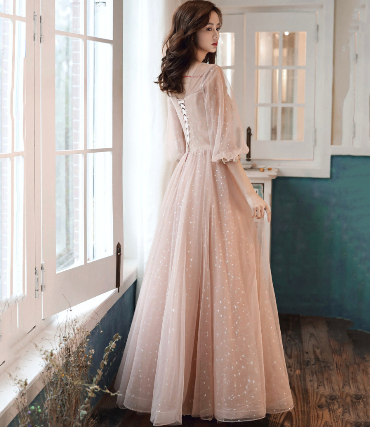 Robe de soirée longue en tulle et dentelle mignonne Robe de soirée trapèze 10554