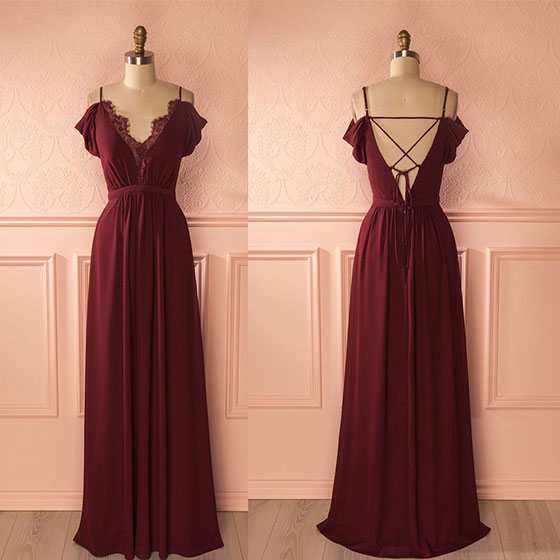 Burgundy chiffon long prom dress evening dress 8284