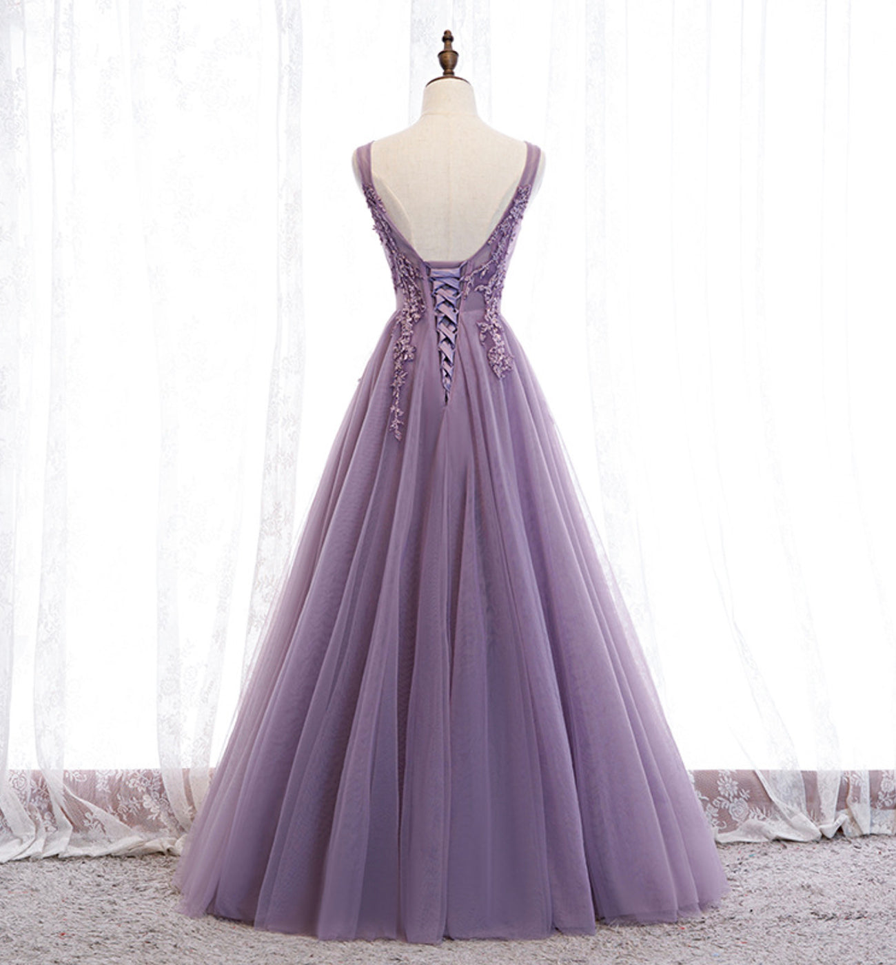 Purple v neck long A line prom dress lace evening dress 8586