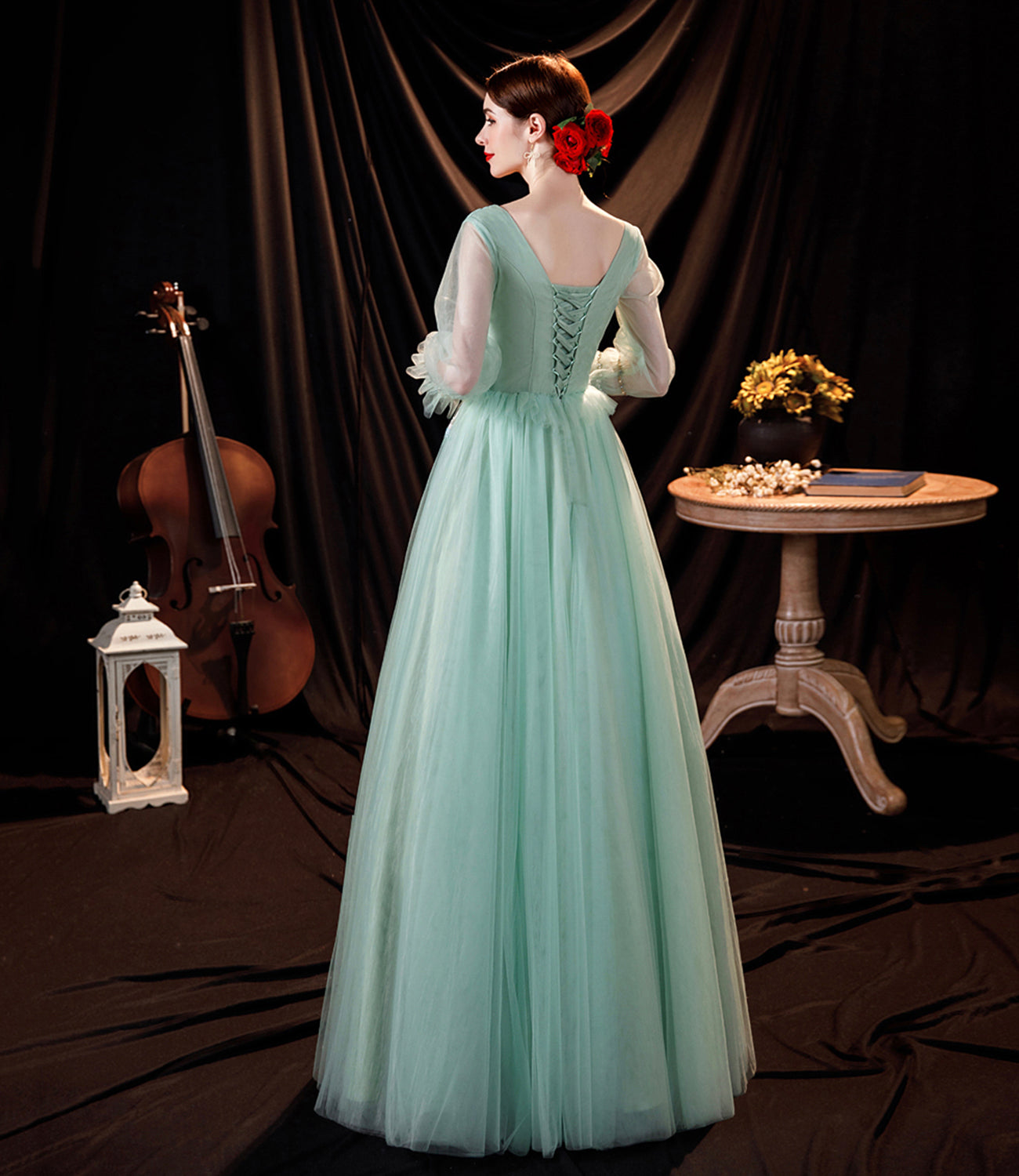 Green tulle lace long prom dress green evening dress 10535