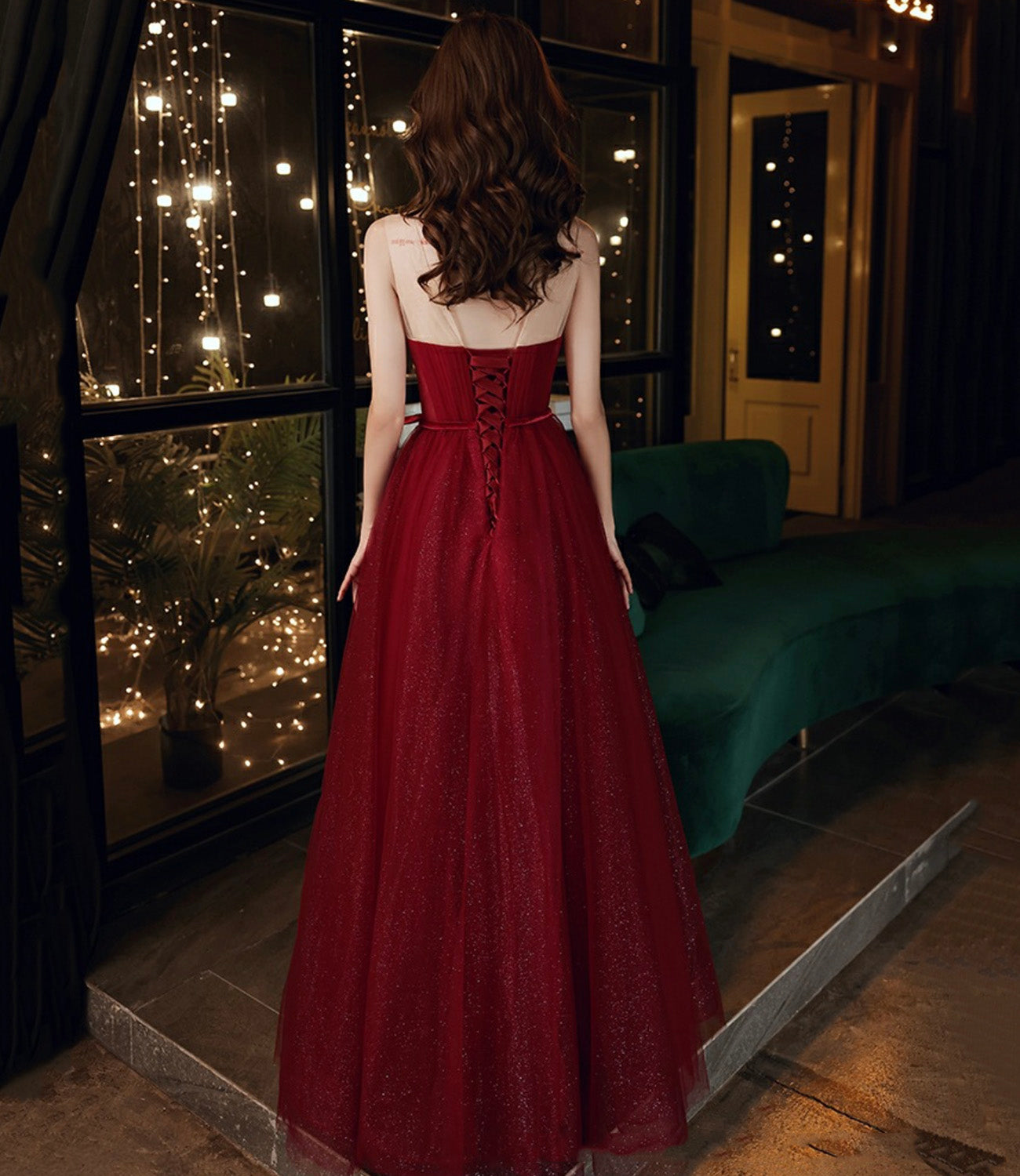 Burgundy tulle sequins long prom dress A line evening dress 10555