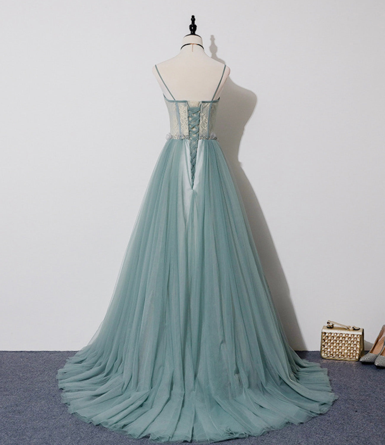 Green tulle lace long prom dress A line evening dress 10557