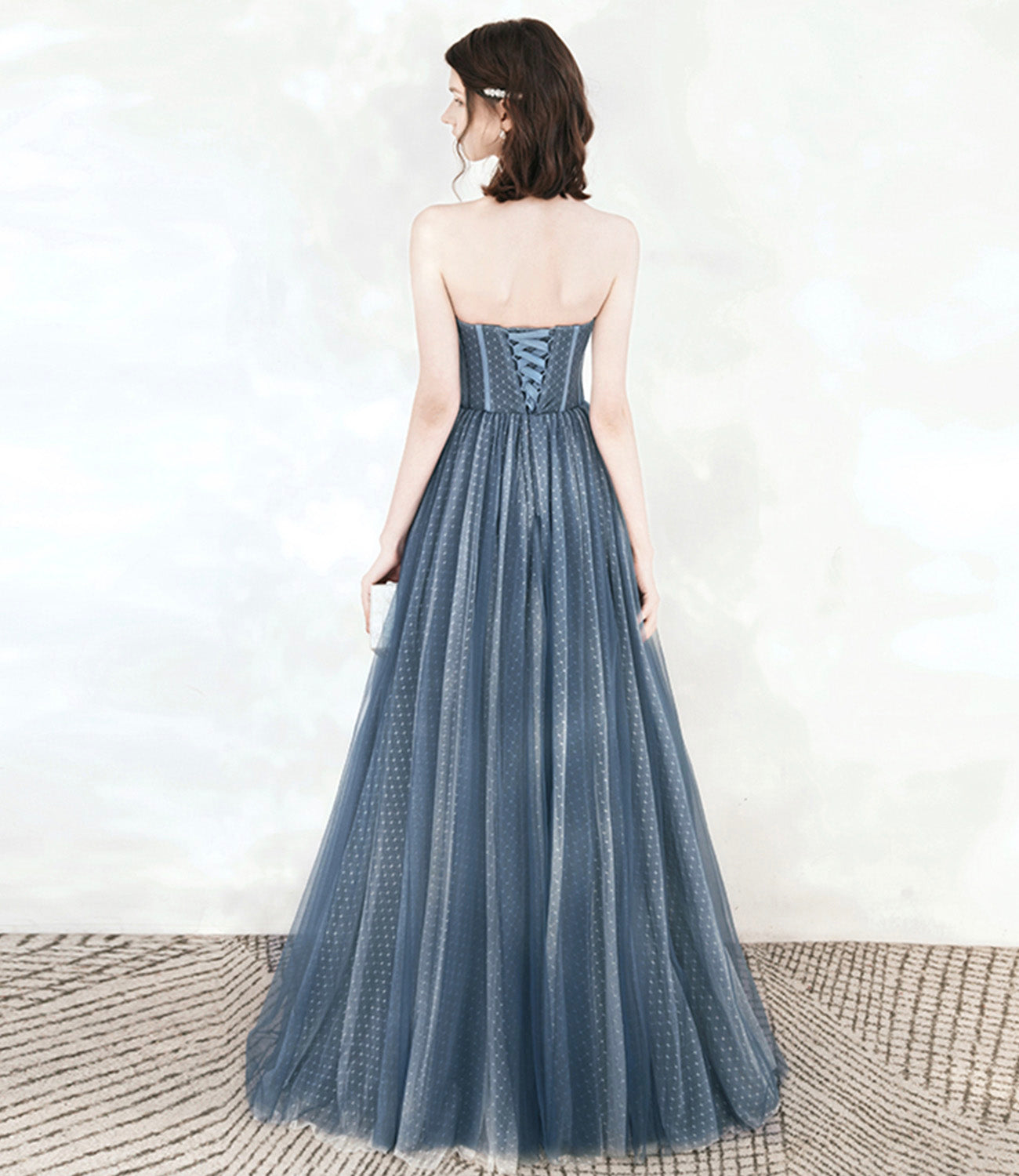 Blue tulle beads long prom dress A line evening dress 10549