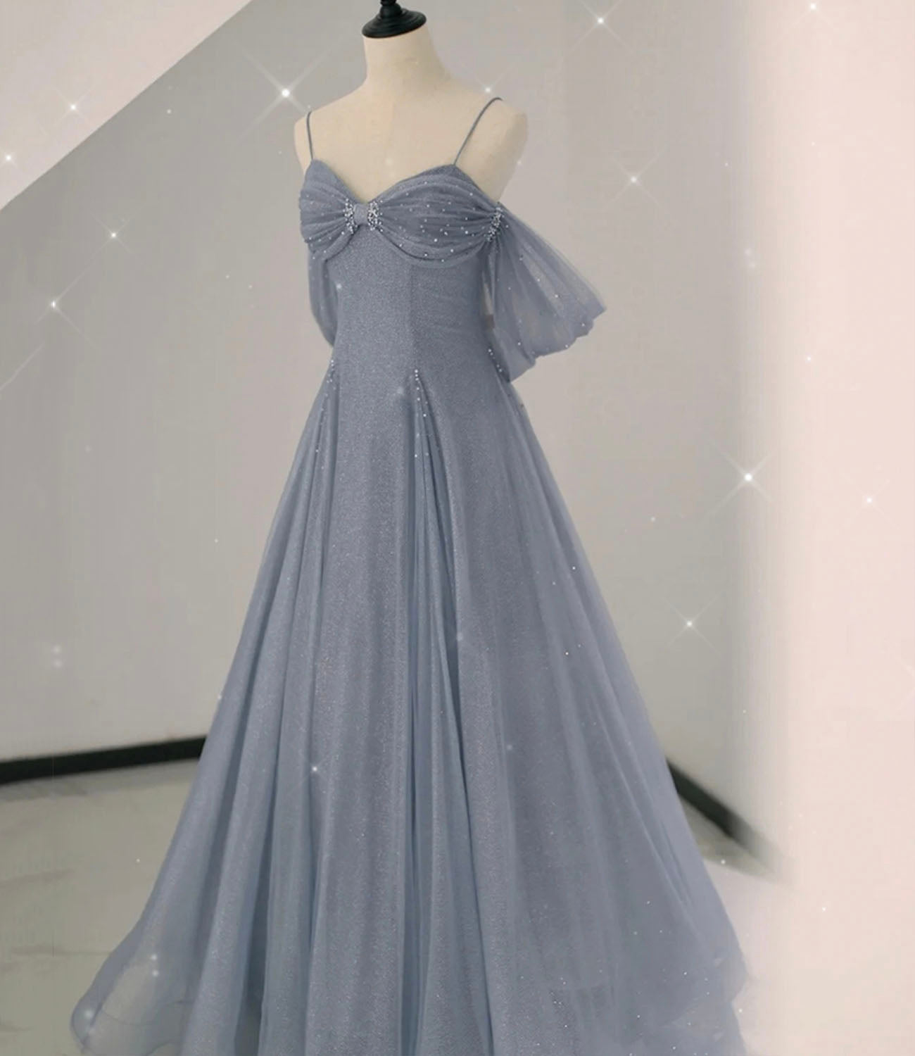 Gray tulle sequins long prom dress gray evening dress 10633