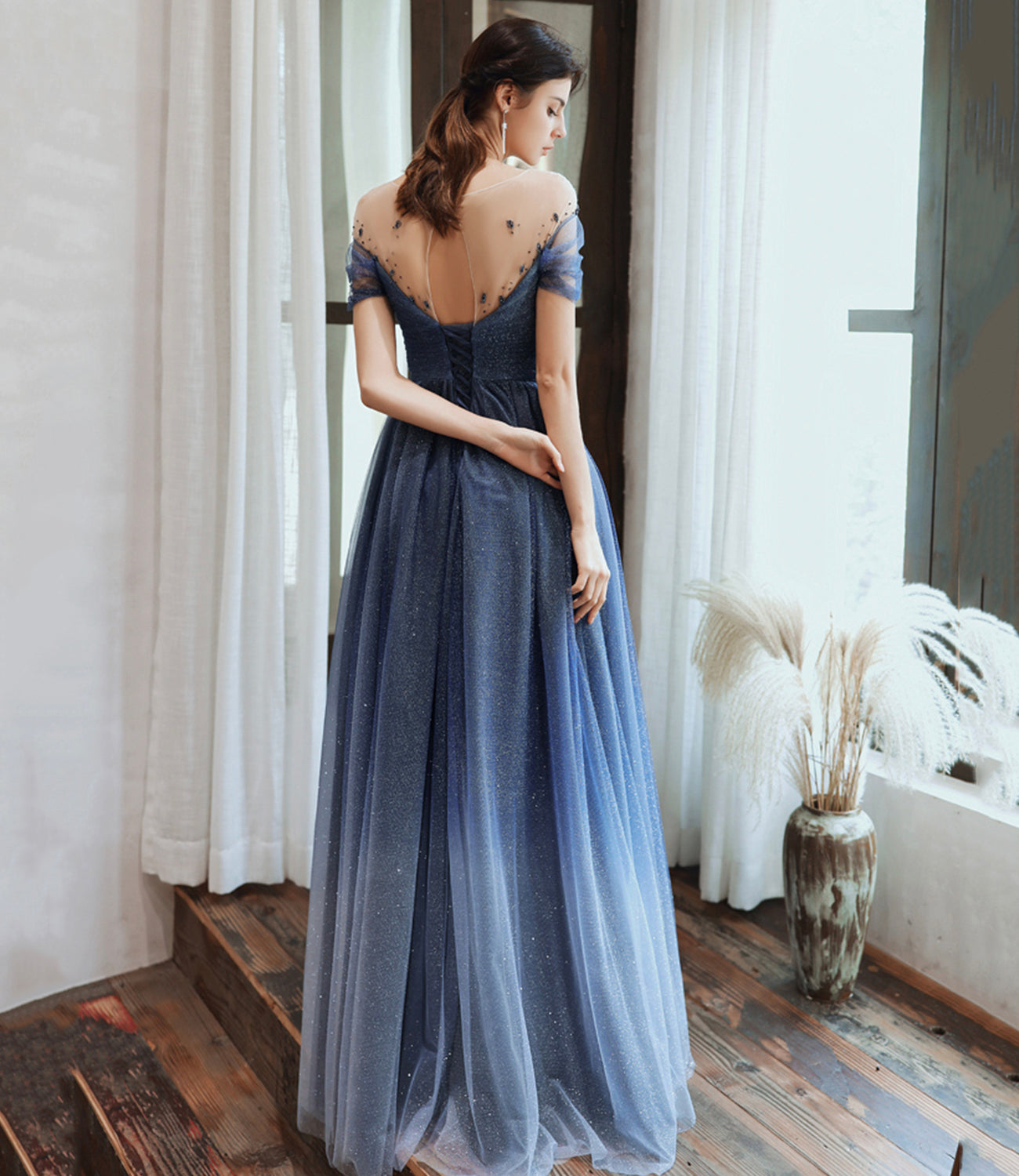 Blue tulle sequins long prom dress blue evening dress 10477