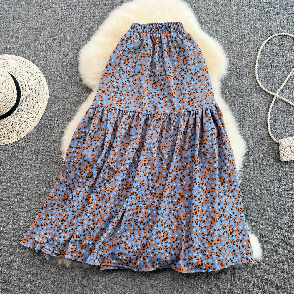 Vintage elastic waist stitched broken flower big swing Chiffon 11278