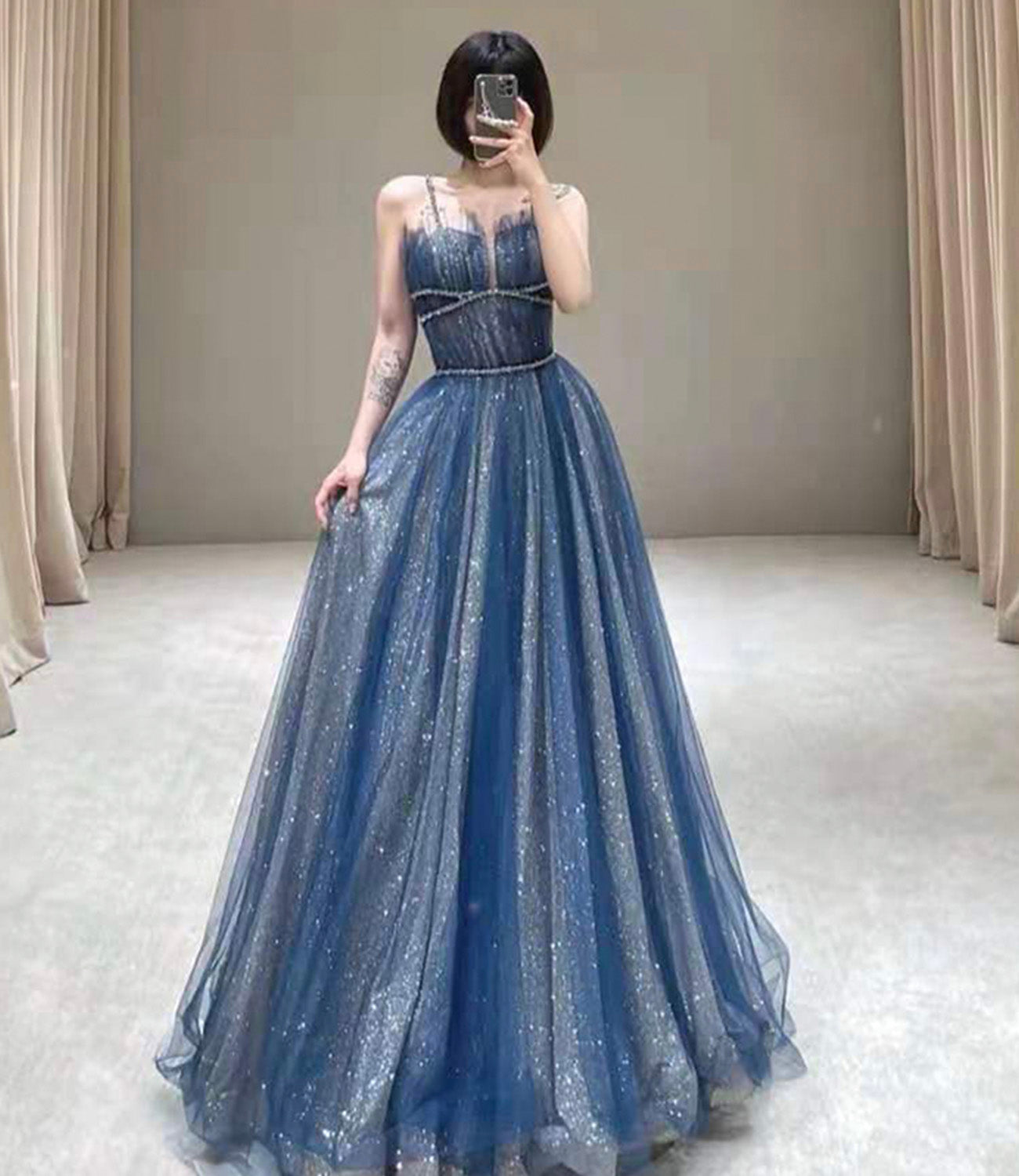 Blue tulle sequins long prom dress blue evening dress 10583