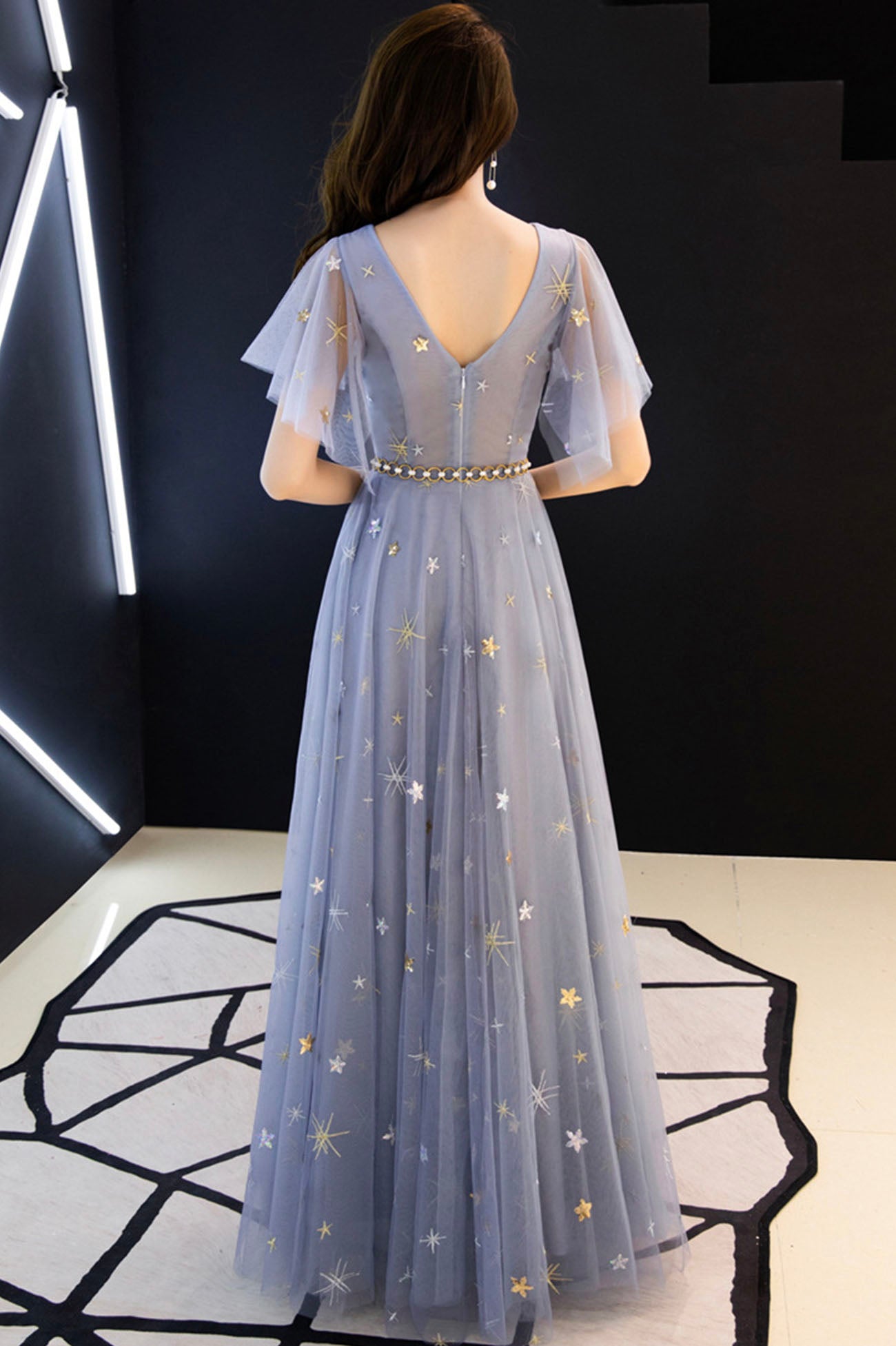 Blue v neck tulle long prom dress blue evening dress 10640