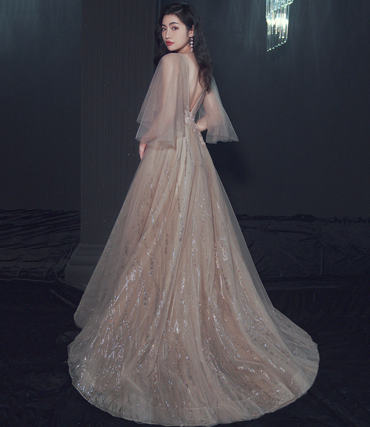 Champagne tulle lace long prom dress A line evening gown 10464