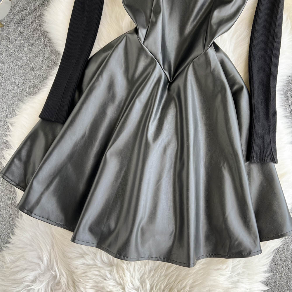 Fashionable Knitted Base Sweater + A Line PU Leather Dress Fashion Dress 10885