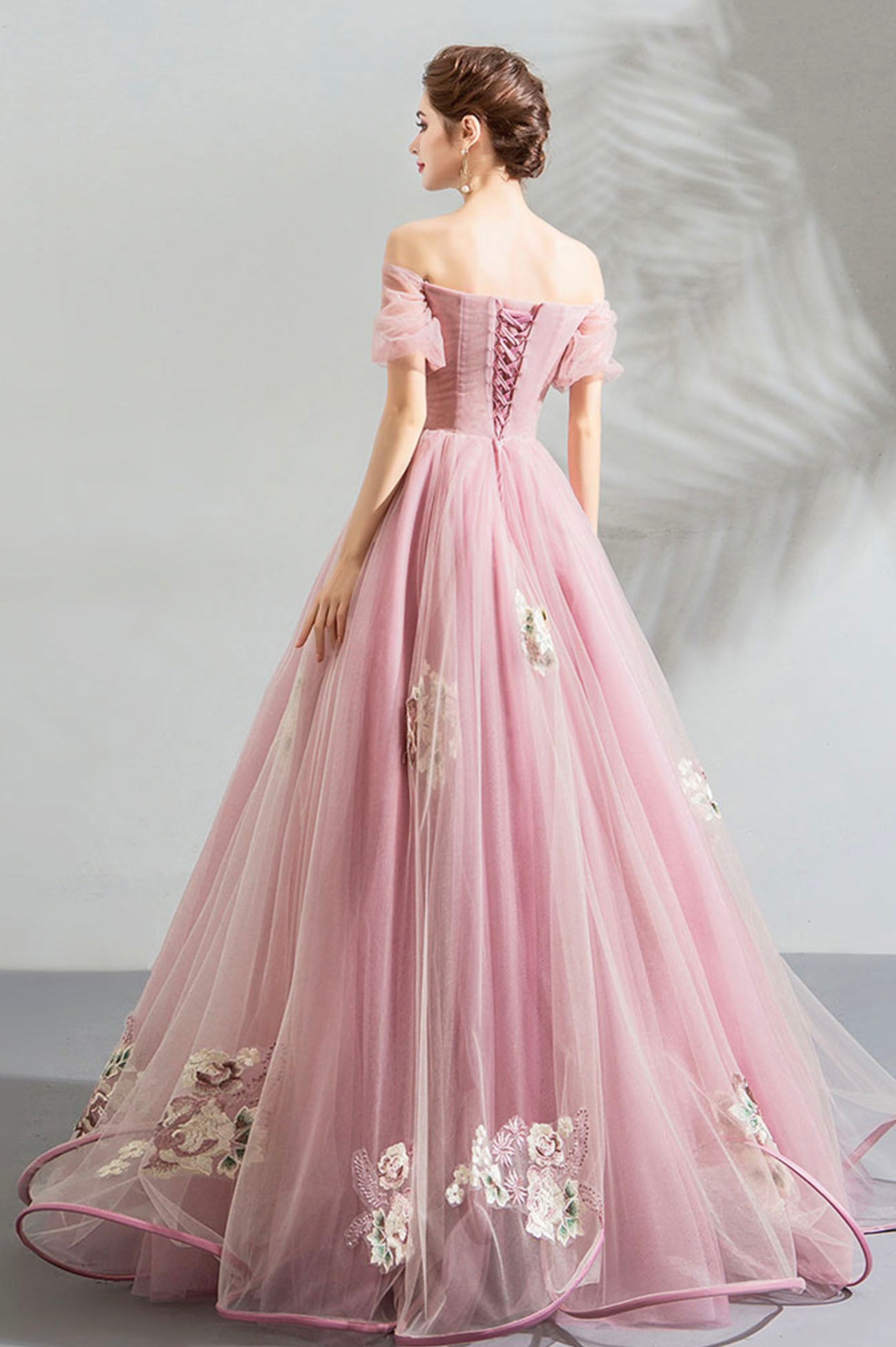 Pink tulle lace long prom dress evening dress 10623