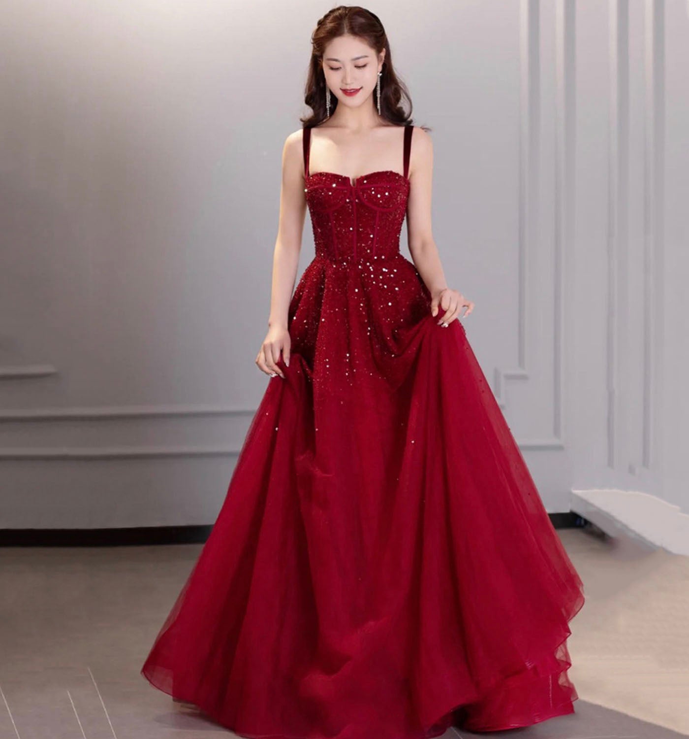 Burgundy sequins long prom dress evening dress 8976
