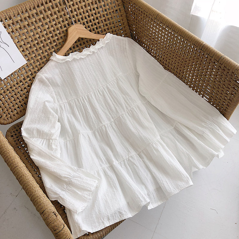 Jacquard cut-out lace up long sleeved shirt with ear edge collar 6230