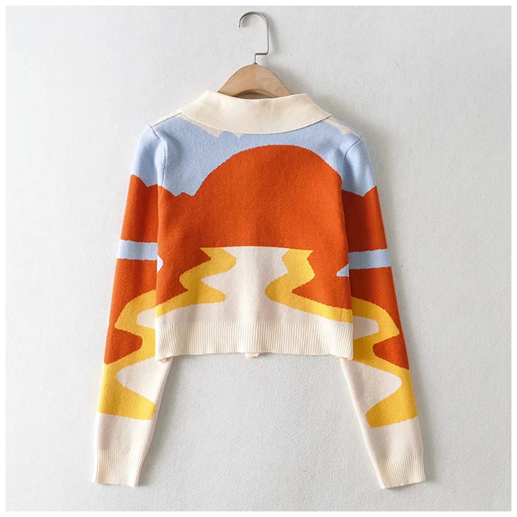 Minority design sunset oil painting super beautiful retro knitted cardigan 7211