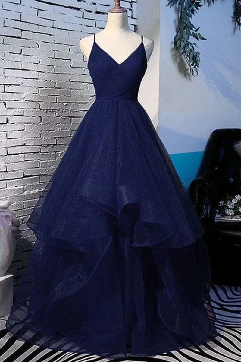 Fluffy V Neck Navy Blue Long Prom Dress with Straps, V Neck Navy Blue Formal Dress, Navy Blue Evening Dress gh866