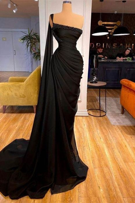 Schwarze Meerjungfrau-Abschlussballkleid-Rüschen mit Perlen gh669